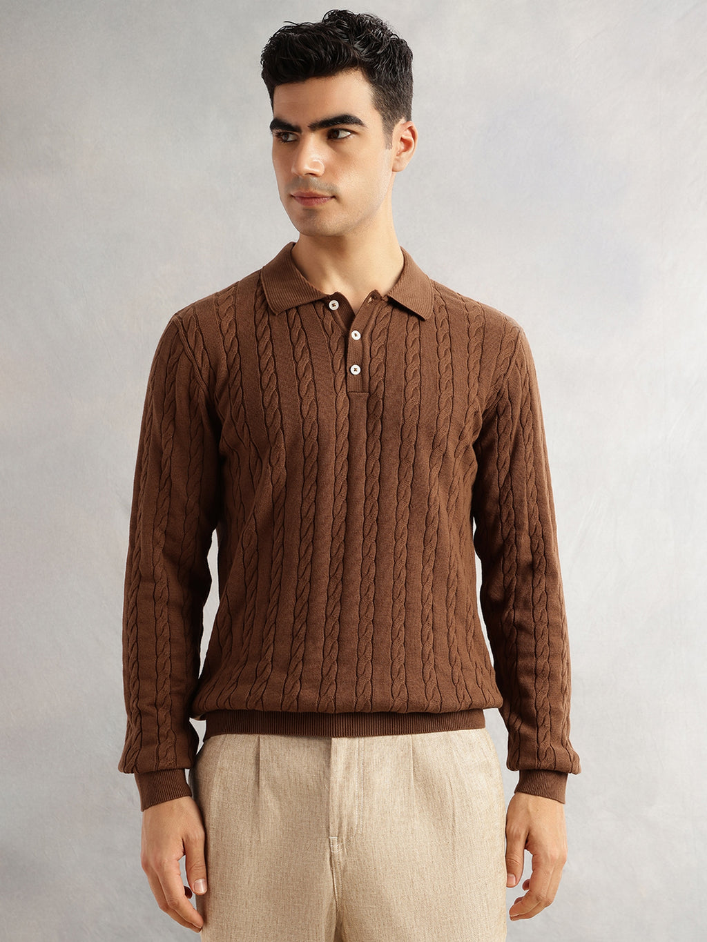 Thomas Scott Men Brown Regular Fit Long Sleeves Self Design 100% Cotton Polo Collar Knitted Tshirt