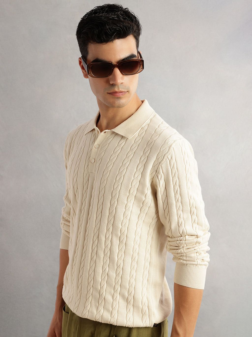 Thomas Scott Men Cream Regular Fit Long Sleeves Self Design 100% Cotton Polo Collar Knitted Tshirt