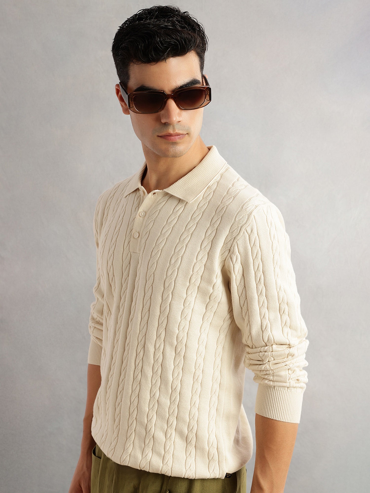 Thomas Scott Men Cream Regular Fit Long Sleeves Self Design 100% Cotton Polo Collar Knitted Tshirt