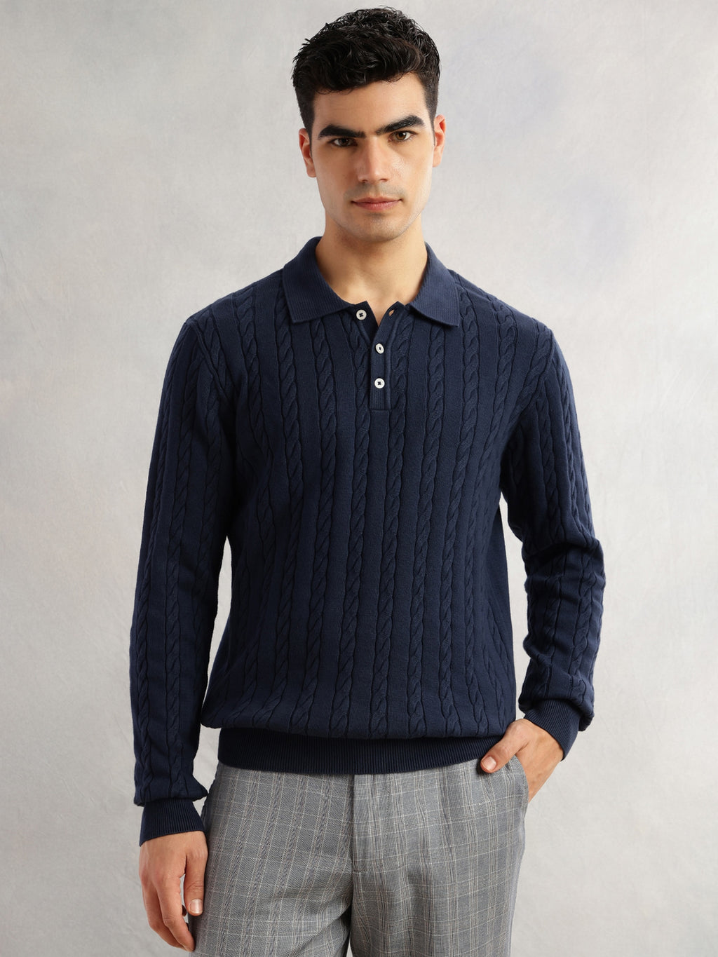 Thomas Scott Men Navy Regular Fit Long Sleeves Self Design 100% Cotton Polo Collar Knitted Tshirt