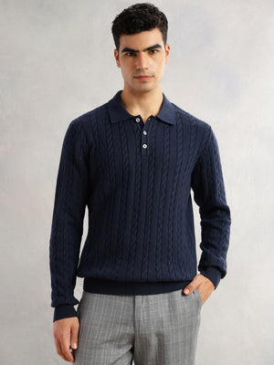 Thomas Scott Men Navy Regular Fit Long Sleeves Self Design 100% Cotton Polo Collar Knitted Tshirt
