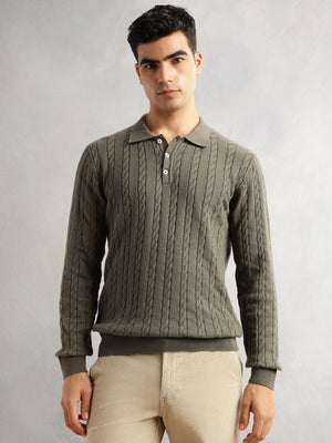 Thomas Scott Men Olive Regular Fit Long Sleeves Self Design 100% Cotton Polo Collar Knitted Tshirt