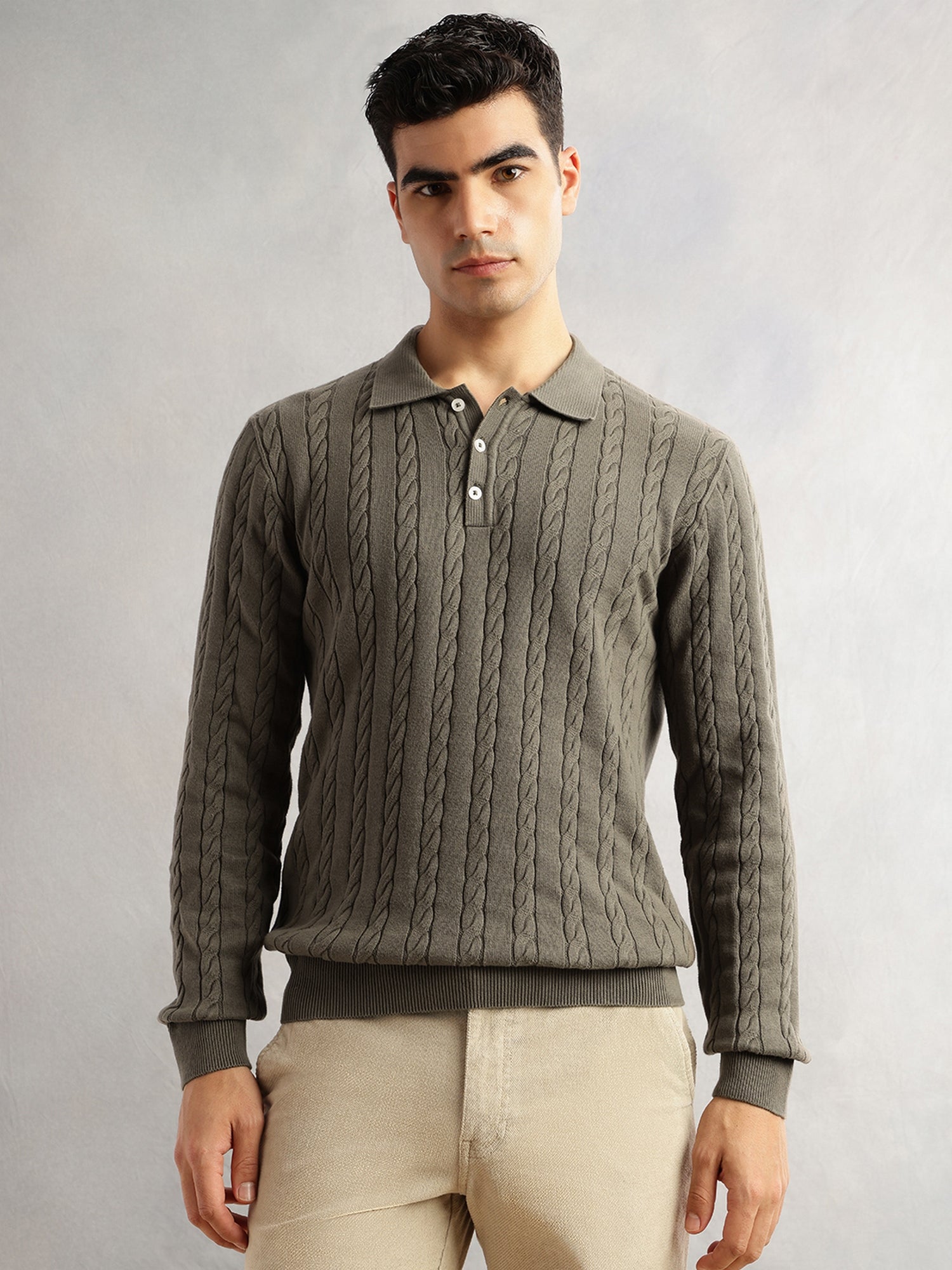 Thomas Scott Men Olive Regular Fit Long Sleeves Self Design 100% Cotton Polo Collar Knitted Tshirt