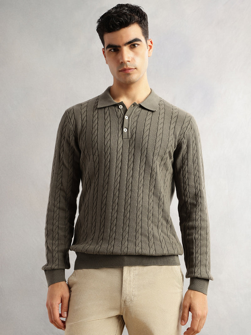 Thomas Scott Men Olive Regular Fit Long Sleeves Self Design 100% Cotton Polo Collar Knitted Tshirt