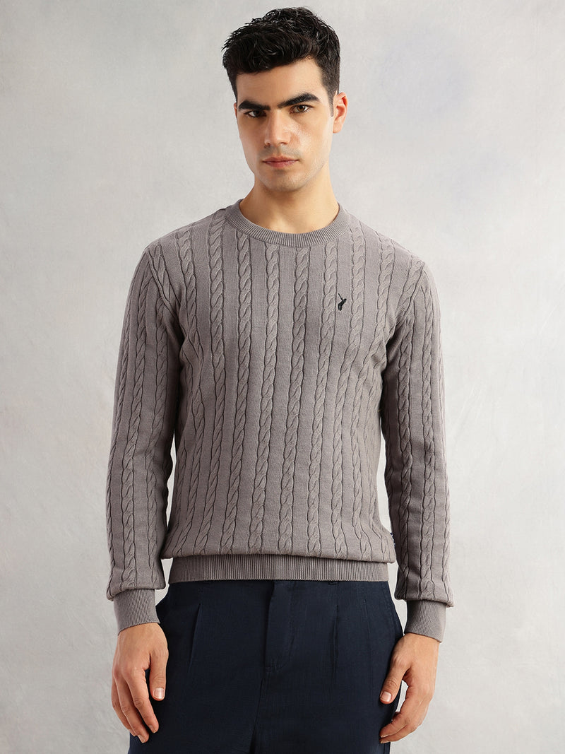 Thomas Scott Men Grey Regular Fit Long Sleeves Round Neck Self Design 100% Cotton Cable Knitted Pullover Sweater