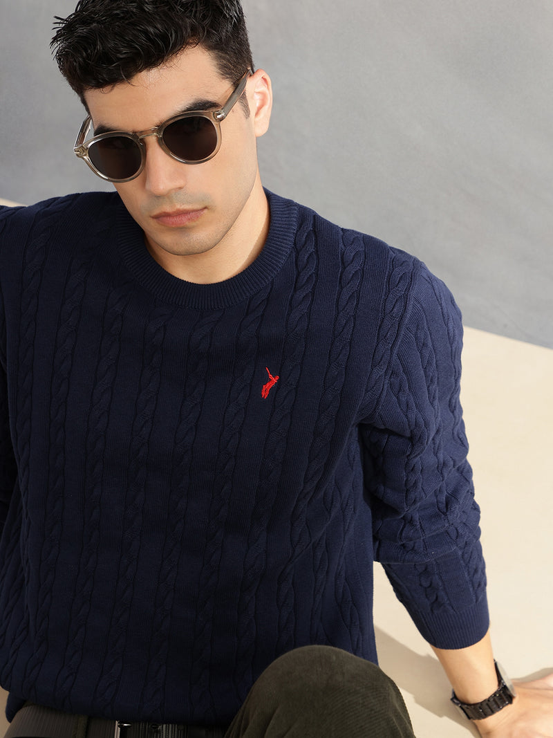 Thomas Scott Men Navy Regular Fit Long Sleeves Round Neck Self Design 100% Cotton Cable Knitted Pullover Sweater