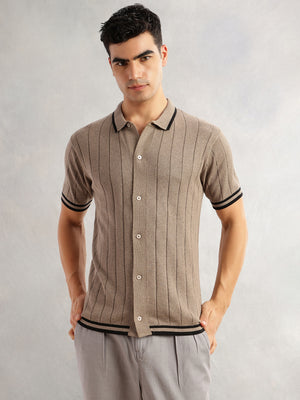 Thomas Scott Men Beige Regular Fit Short Sleeves Striped 100% Cotton Knitted Cardigan Sweater