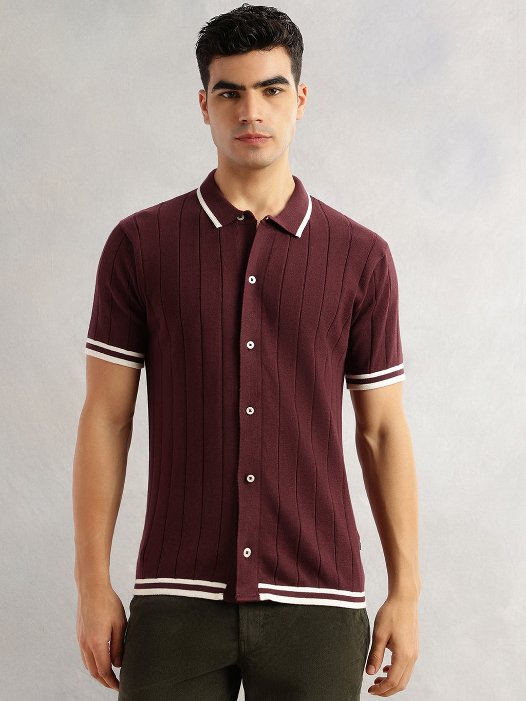 Thomas Scott Men Maroon Regular Fit Short Sleeves Striped 100% Cotton Knitted Cardigan Sweater