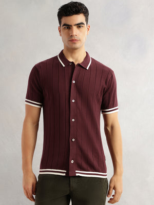 Thomas Scott Men Maroon Regular Fit Short Sleeves Striped 100% Cotton Knitted Cardigan Sweater
