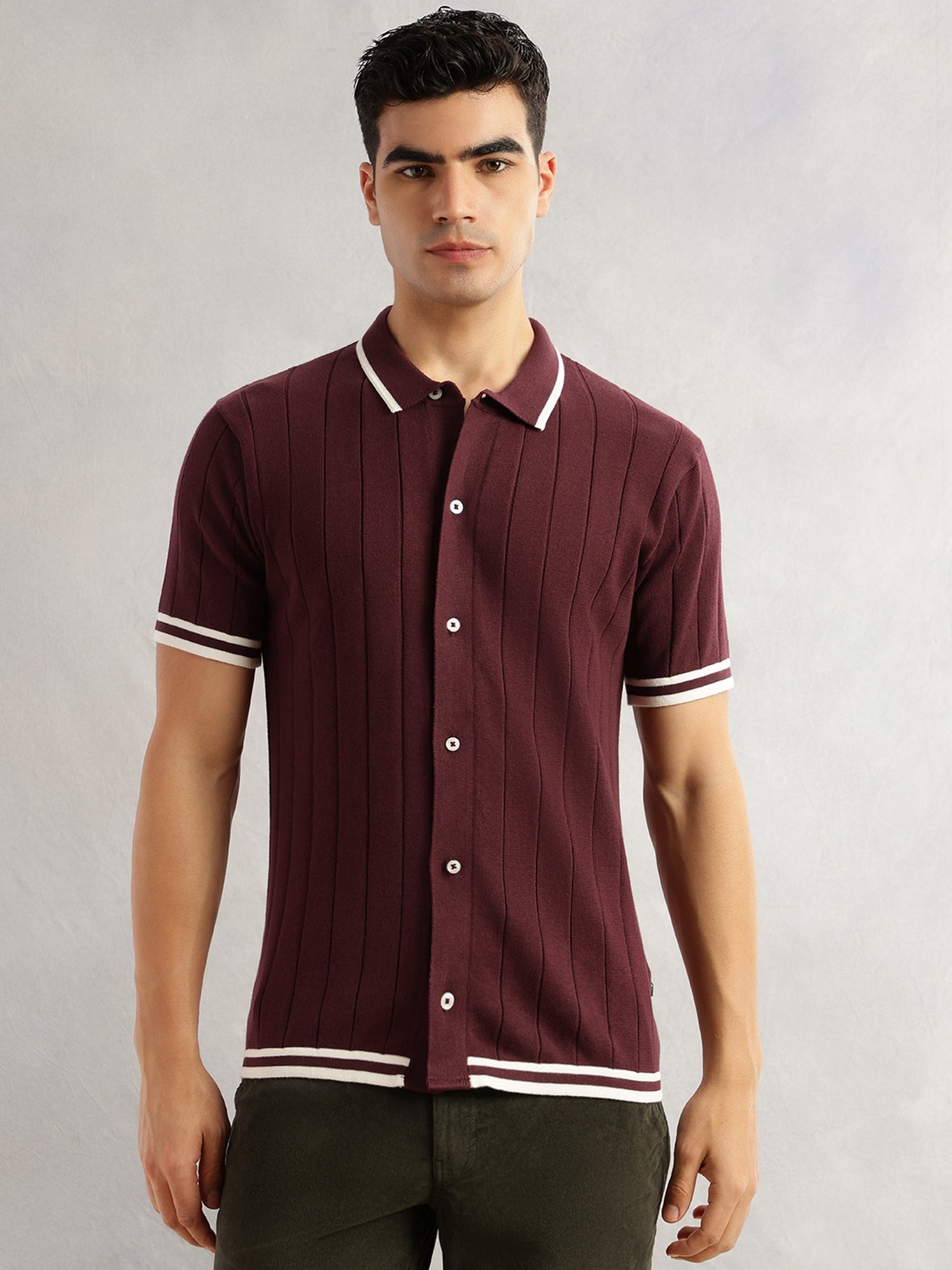 Thomas Scott Men Maroon Regular Fit Short Sleeves Striped 100% Cotton Knitted Cardigan Sweater