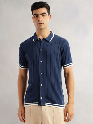 Navy Regular Fit Short Sleeves Striped 100% Cotton Knitted Cardigan Sweater For Men