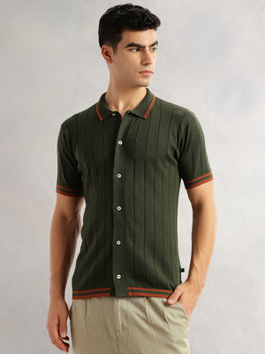Thomas Scott Men Olive Regular Fit Short Sleeves Striped 100% Cotton Knitted Cardigan Sweater