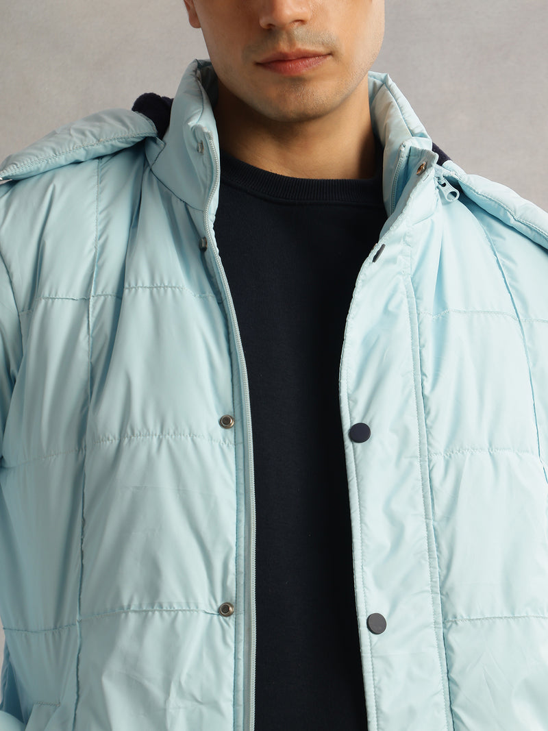 Thomas Scott Men SkyBlue Regular Fit Long Sleeves 2 Pockets Polyester Knitted Hooded Puffer Jacket