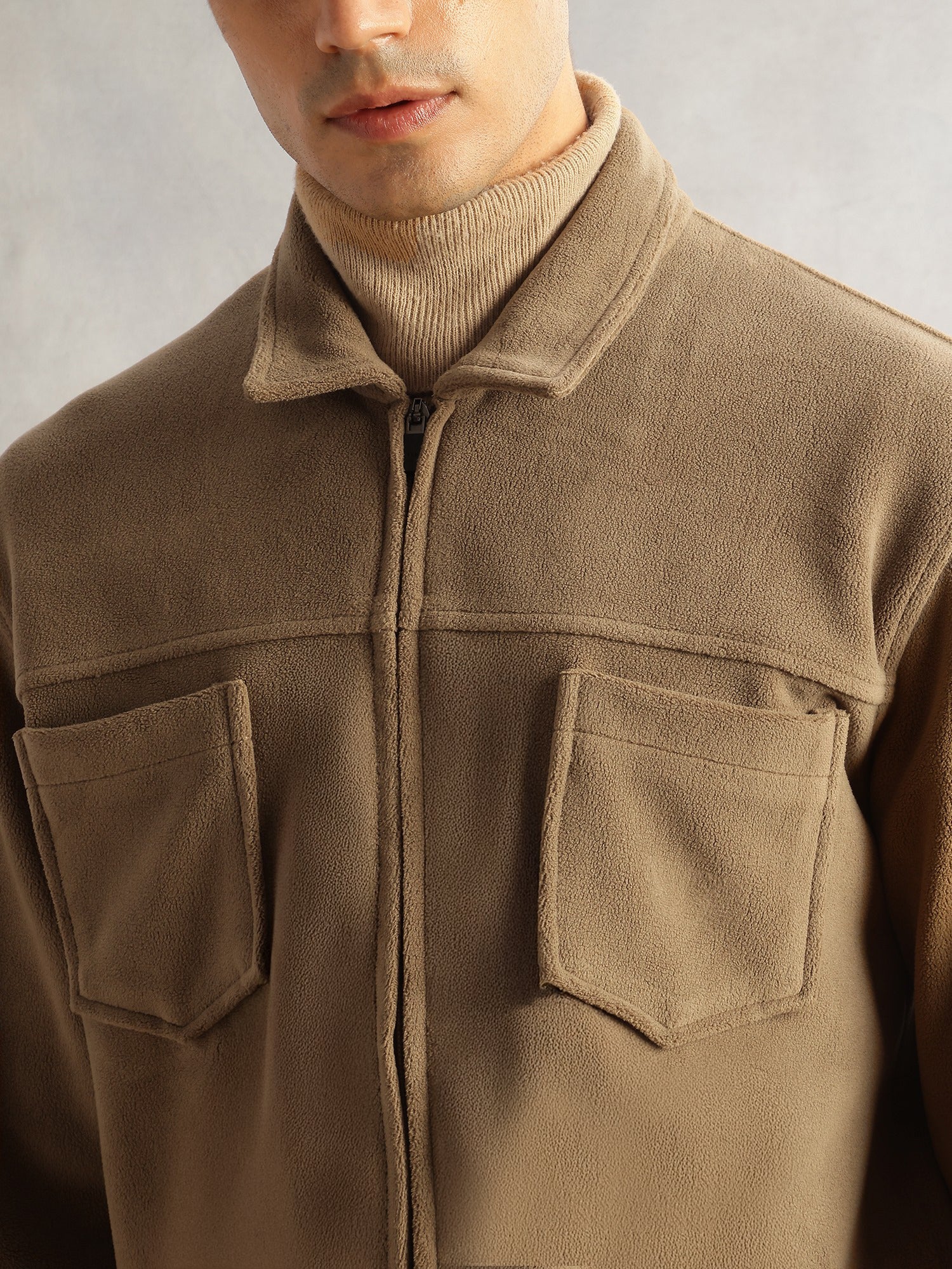 Thomas Scott Men Beige Regular Fit Long Sleeves Solid Polyester Knitted Open-Front Jacket