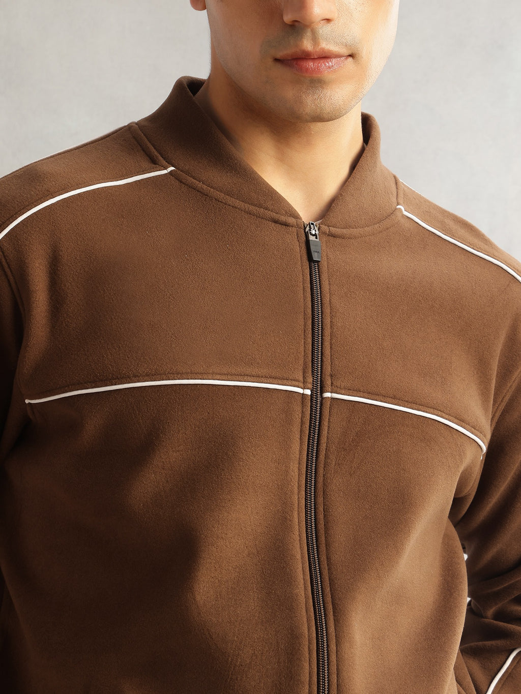 Thomas Scott Men Brown Regular Fit Long Sleeves Mandarin Collar Self Design Dry Clean Polyester Knitted Open-Front Jacket