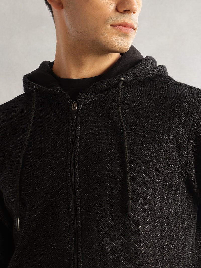 Thomas Scott Men Black Regular Fit Long Sleeves 2 Pockets Front-Open Knitted Hooded Sweatshirt