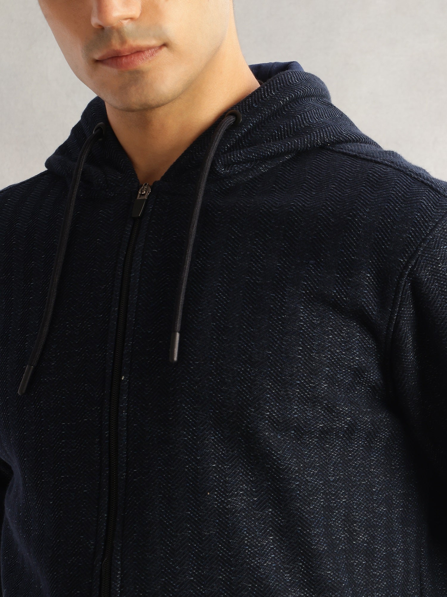 Thomas Scott Men Navy Regular Fit Long Sleeves 2 Pockets Front-Open Knitted Hooded Sweatshirt