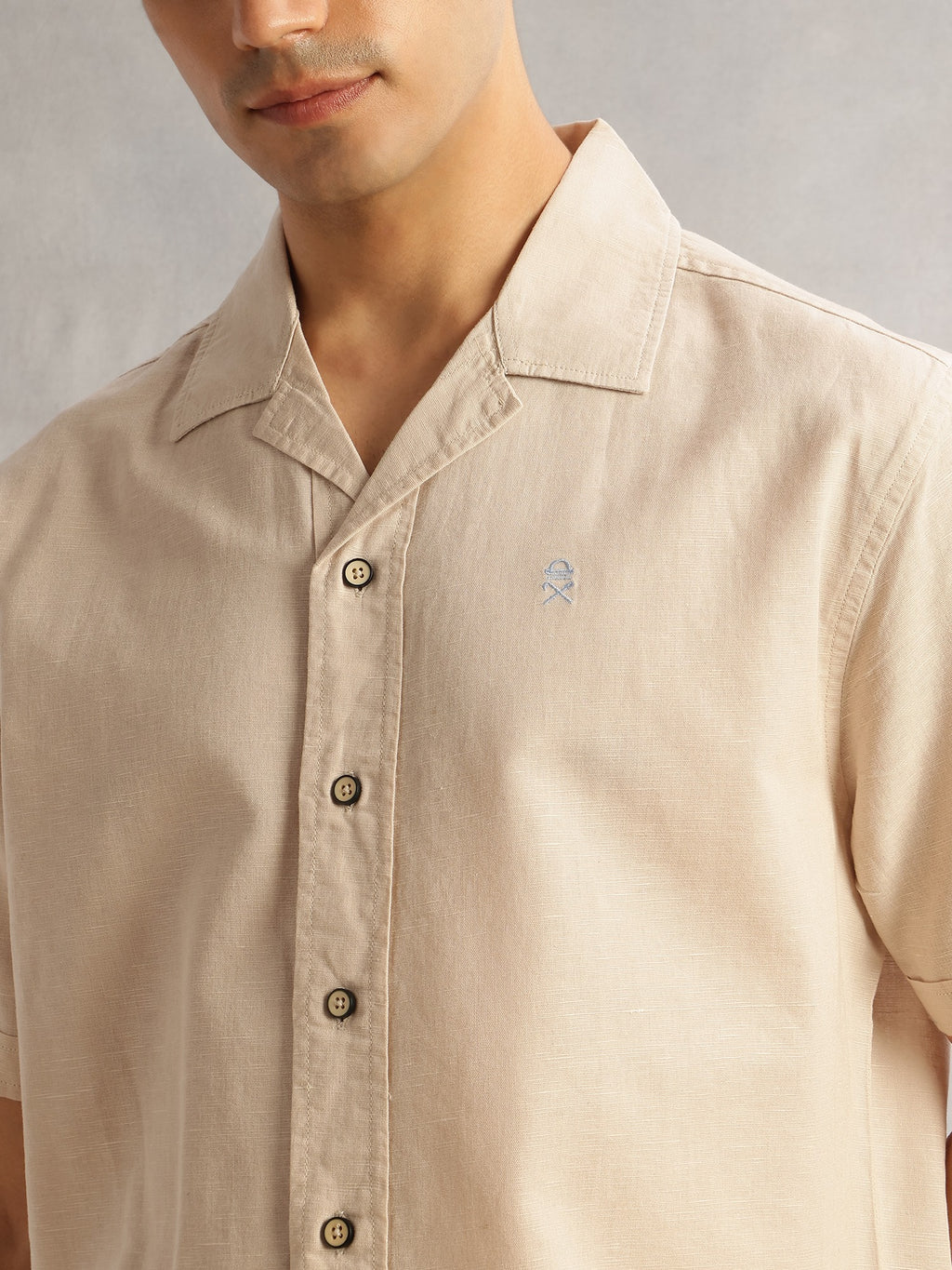 Thomas Scott Men Beige Oversized Fit Short Sleeves Cuban Collar Solid Cotton Linen Casual Shirt