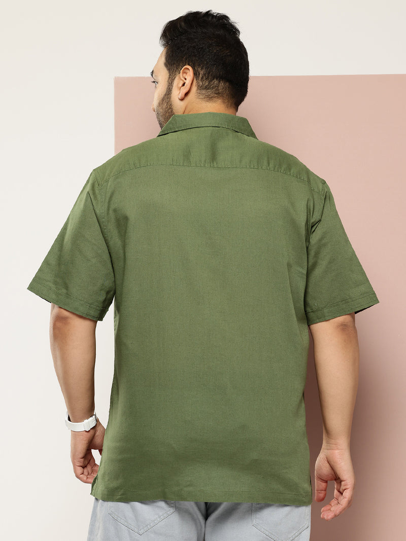 Thomas Scott Men Green Plus Size Oversized Fit Short Sleeves Cuban Collar Solid Cotton Linen Casual Shirt