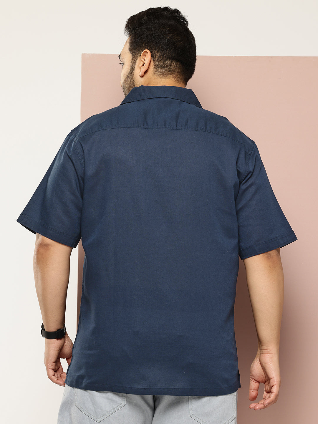 Thomas Scott Men Navy Plus Size Oversized Fit Short Sleeves Cuban Collar Solid Cotton Linen Casual Shirt
