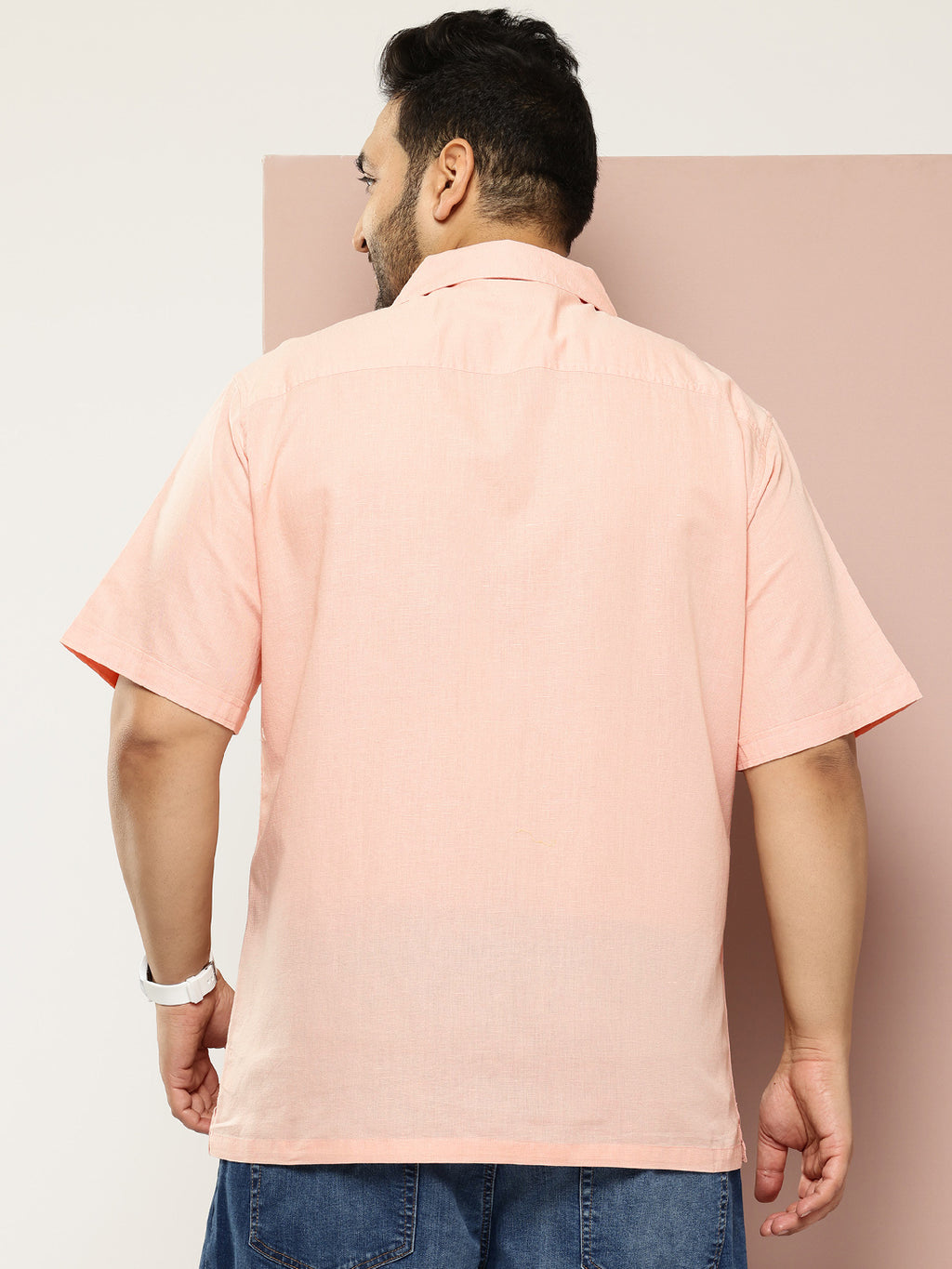 Thomas Scott Men Peach Plus Size Oversized Fit Short Sleeves Cuban Collar Solid Cotton Linen Casual Shirt