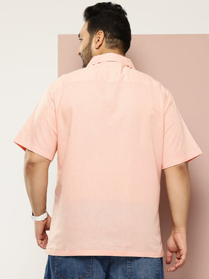 Peach Plus Size Oversized Fit Short Sleeves Cuban Collar Solid Cotton Linen Casual Shirt For Men