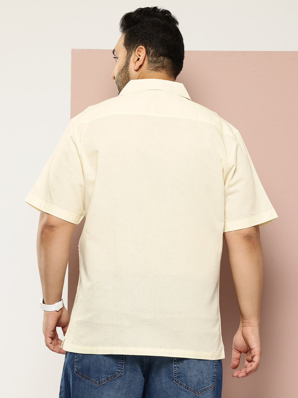 Thomas Scott Men Yellow Plus Size Oversized Fit Short Sleeves Cuban Collar Solid Cotton Linen Casual Shirt