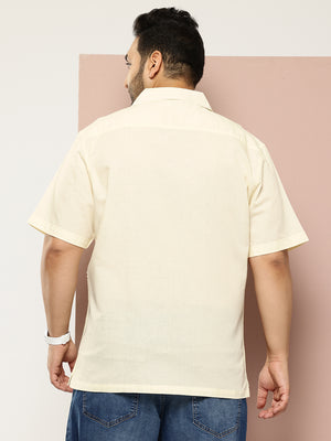 Yellow Plus Size Oversized Fit Short Sleeves Cuban Collar Solid Cotton Linen Casual Shirt For Men