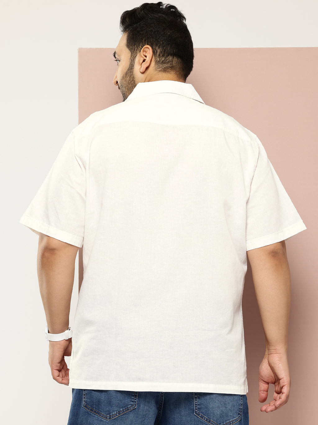 Thomas Scott Men White Plus Size Oversized Fit Short Sleeves Cuban Collar Solid Cotton Linen Casual Shirt