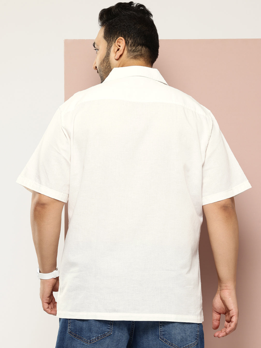 Thomas Scott Men White Plus Size Oversized Fit Short Sleeves Cuban Collar Solid Cotton Linen Casual Shirt