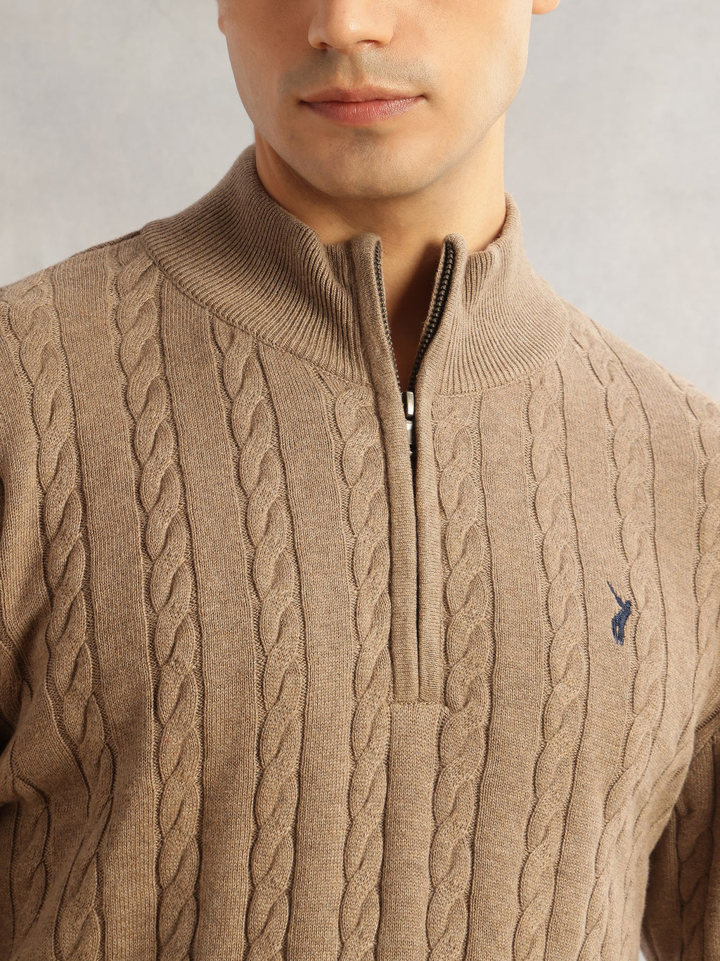 Thomas Scott Men Beige Regular Fit Long Sleeves Mock Collar Cable Knitted Pullover Sweater
