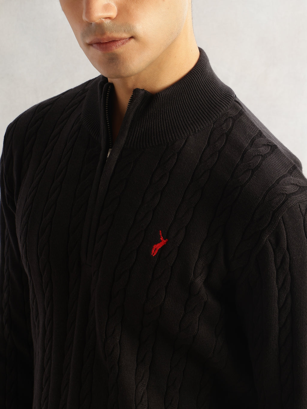 Thomas Scott Men Black Regular Fit Long Sleeves Mock Collar Cable Knitted Pullover Sweater