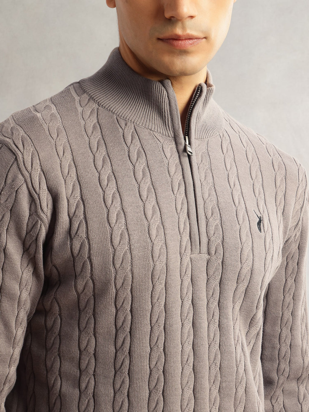 Thomas Scott Men Grey Regular Fit Long Sleeves Mock Collar Cable Knitted Pullover Sweater