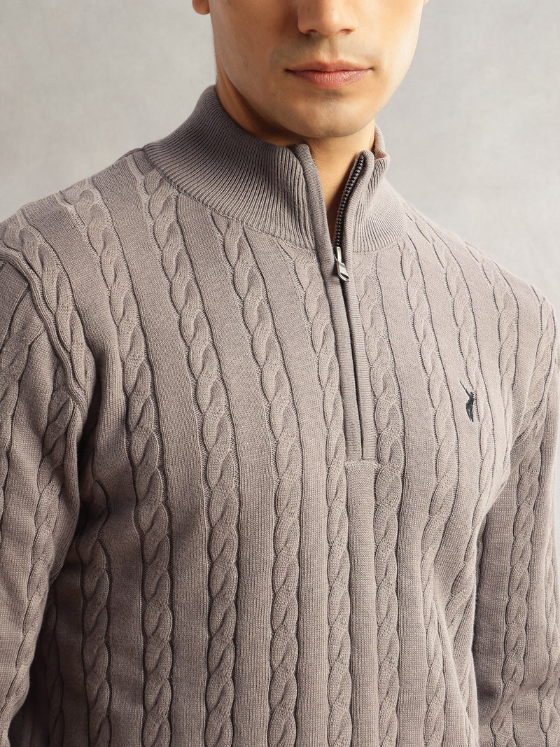 Thomas Scott Men Grey Regular Fit Long Sleeves Mock Collar Cable Knitted Pullover Sweater