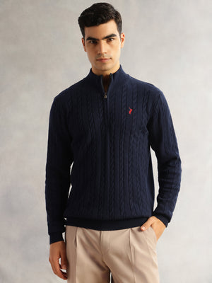 Thomas Scott Men Navy Regular Fit Long Sleeves Mock Collar Cable Knitted Pullover Sweater