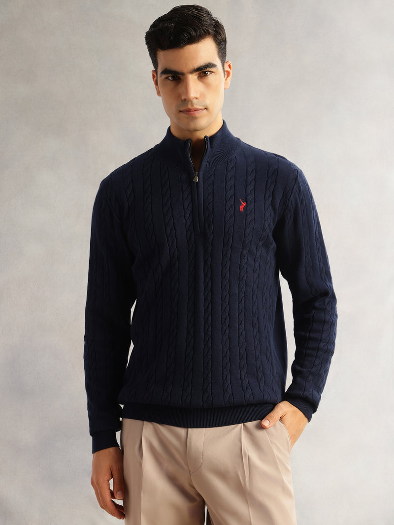 Thomas Scott Men Navy Regular Fit Long Sleeves Mock Collar Cable Knitted Pullover Sweater