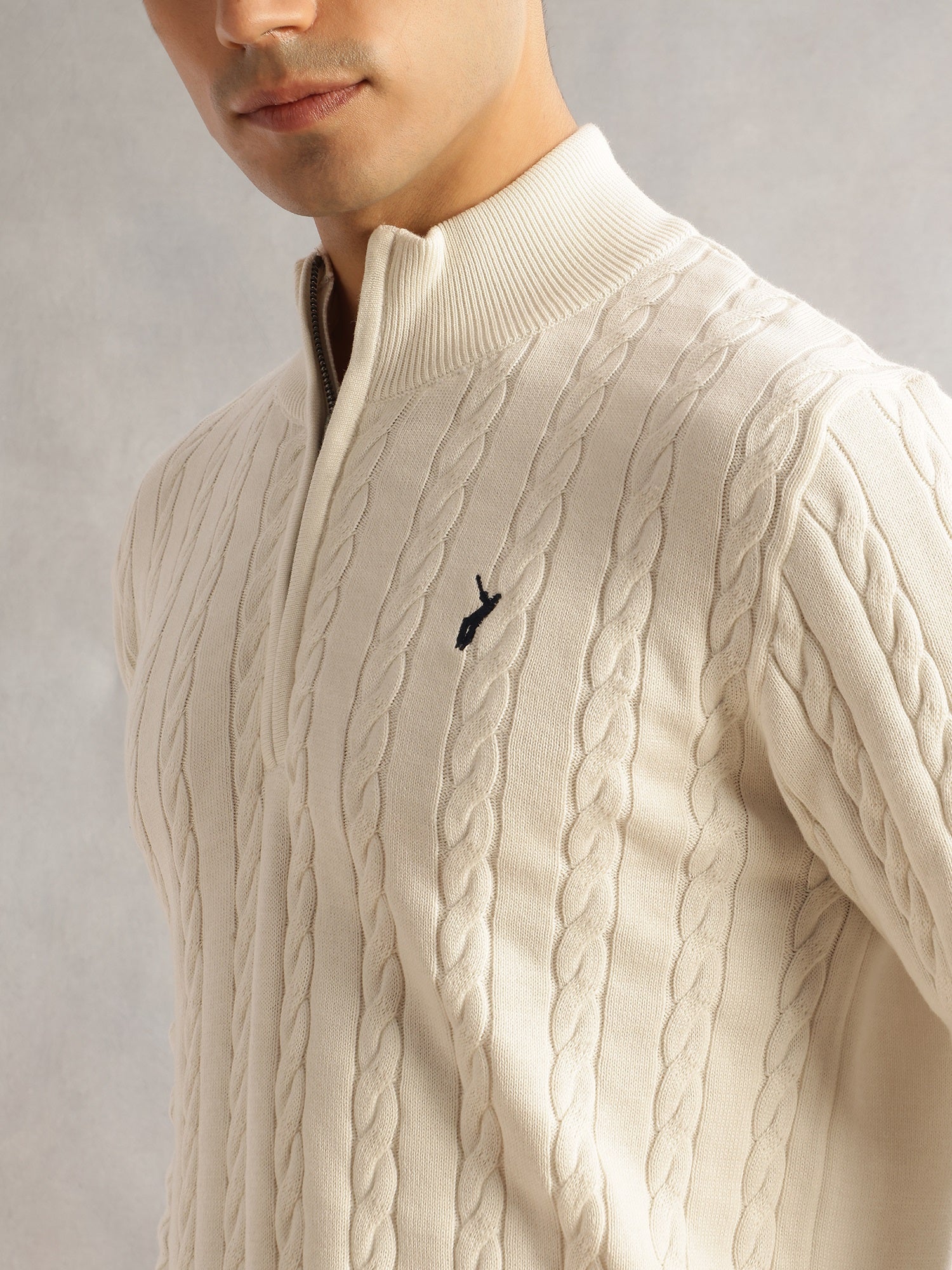 Thomas Scott Men White Regular Fit Long Sleeves Mock Collar Cable Knitted Pullover Sweater