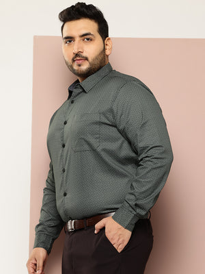 Green Plus Size Regular Fit Long Sleeves Cutaway Collar Geometric Printed 100% Cotton Satin Formal Shirt For Men