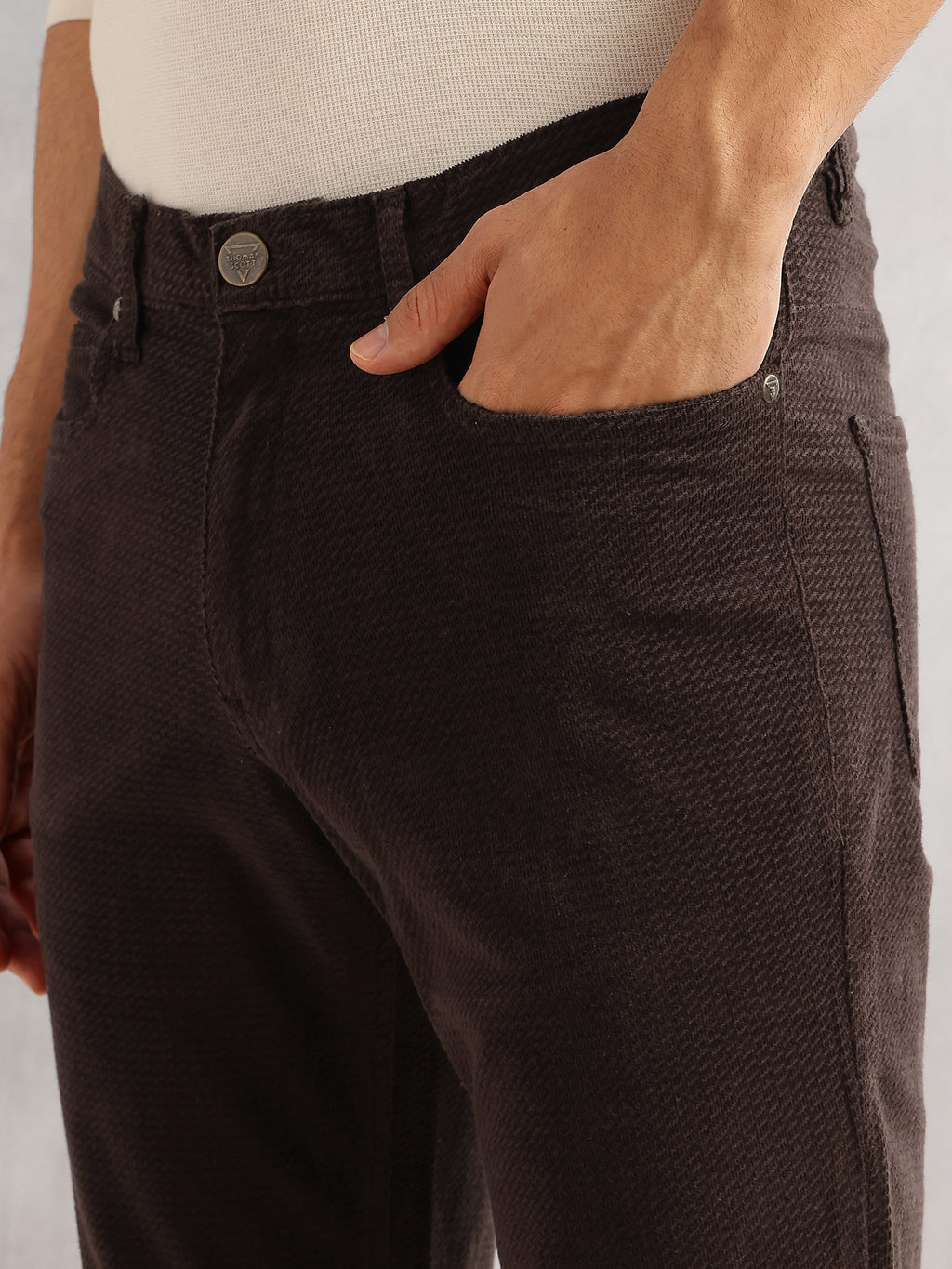 Thomas Scott Men Coffee Regular Fit Mid-Rise 5 Pockets Gabbar Corduroy Chinos Trouser