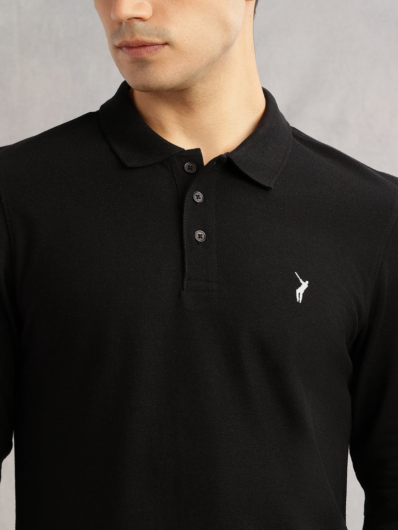 Thomas Scott Men Black Regular Fit Long Sleeves Solid Polo Collar Knitted T-shirt