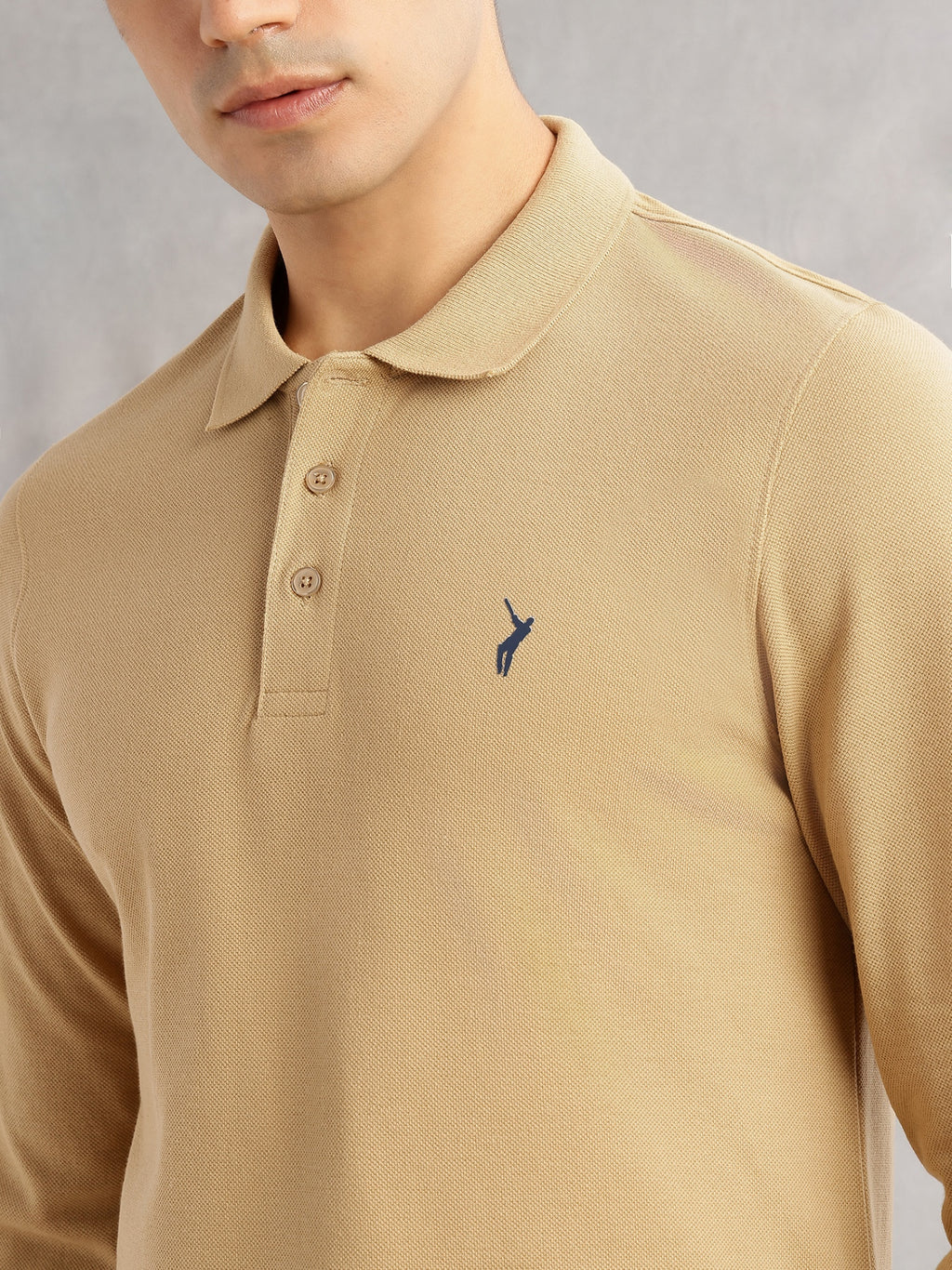 Thomas Scott Men Khaki Regular Fit Long Sleeves Solid Polo Collar Knitted T-shirt