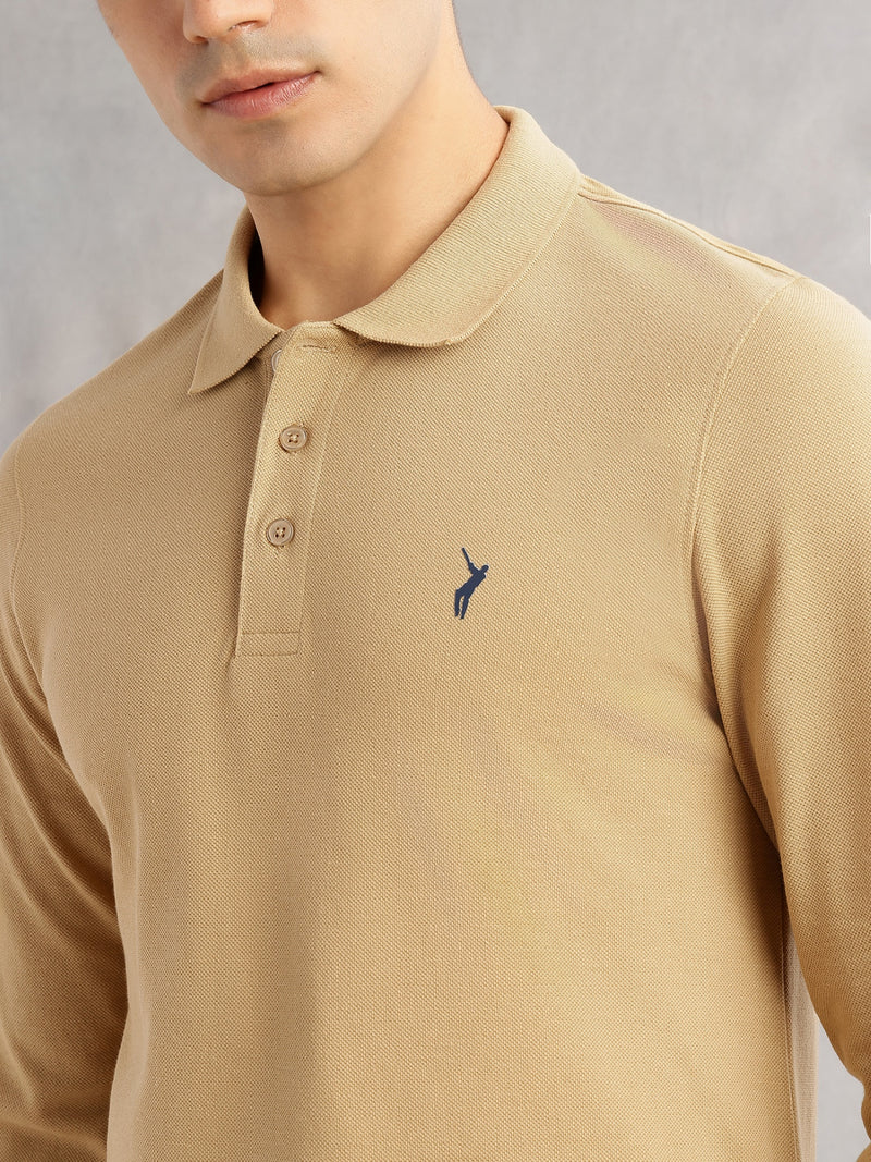 Thomas Scott Men Khaki Regular Fit Long Sleeves Solid Polo Collar Knitted T-shirt