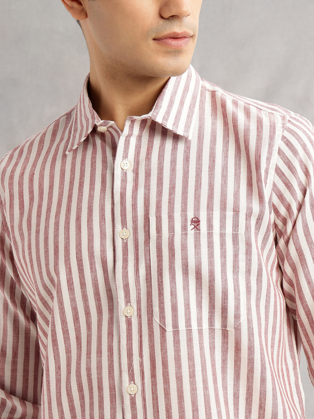 Thomas Scott Men Maroon Slim Fit Long Sleeves Spread Collar Vertical Stripes Linen Casual Shirt