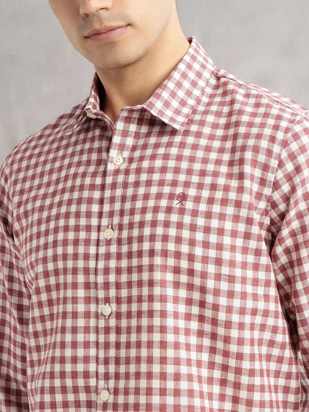 Thomas Scott Men Maroon Slim Fit Long Sleeves Spread Collar Tartan Checks Linen Casual Shirt
