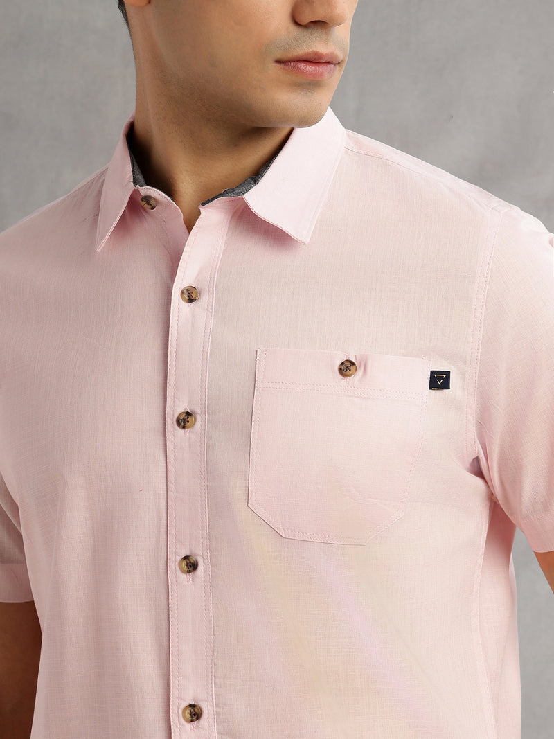 Thomas Scott Men Pink Regular Fit Short Sleeves Spread Collar 100% Cotton Casual Shirt