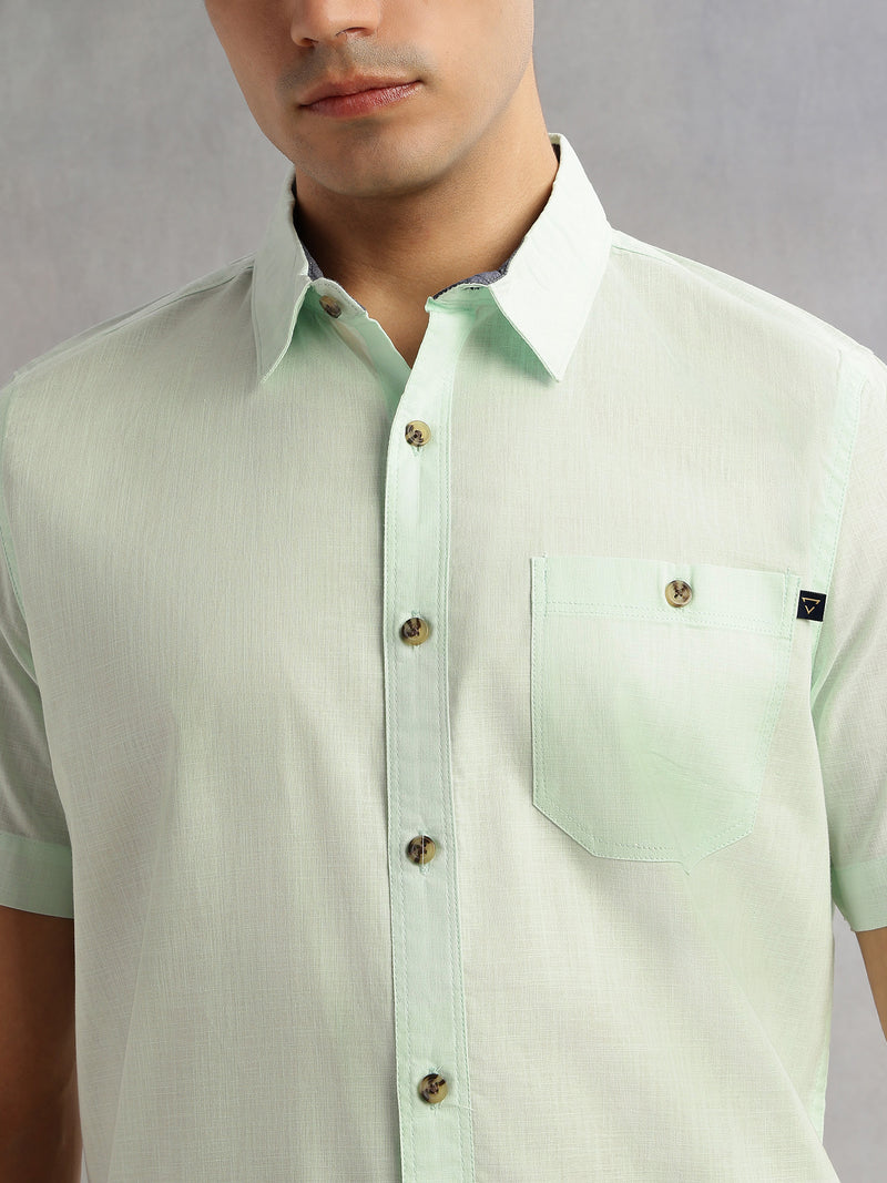 Thomas Scott Men Lime Green Regular Fit Short Sleeves Spread Collar 100% Cotton Casual Shirt