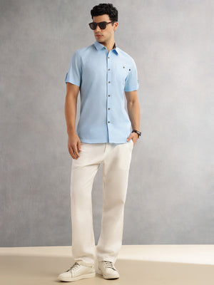 Blue Regular Fit Short Sleeves Spread Collar 100% Cotton Casual Shirt For Men