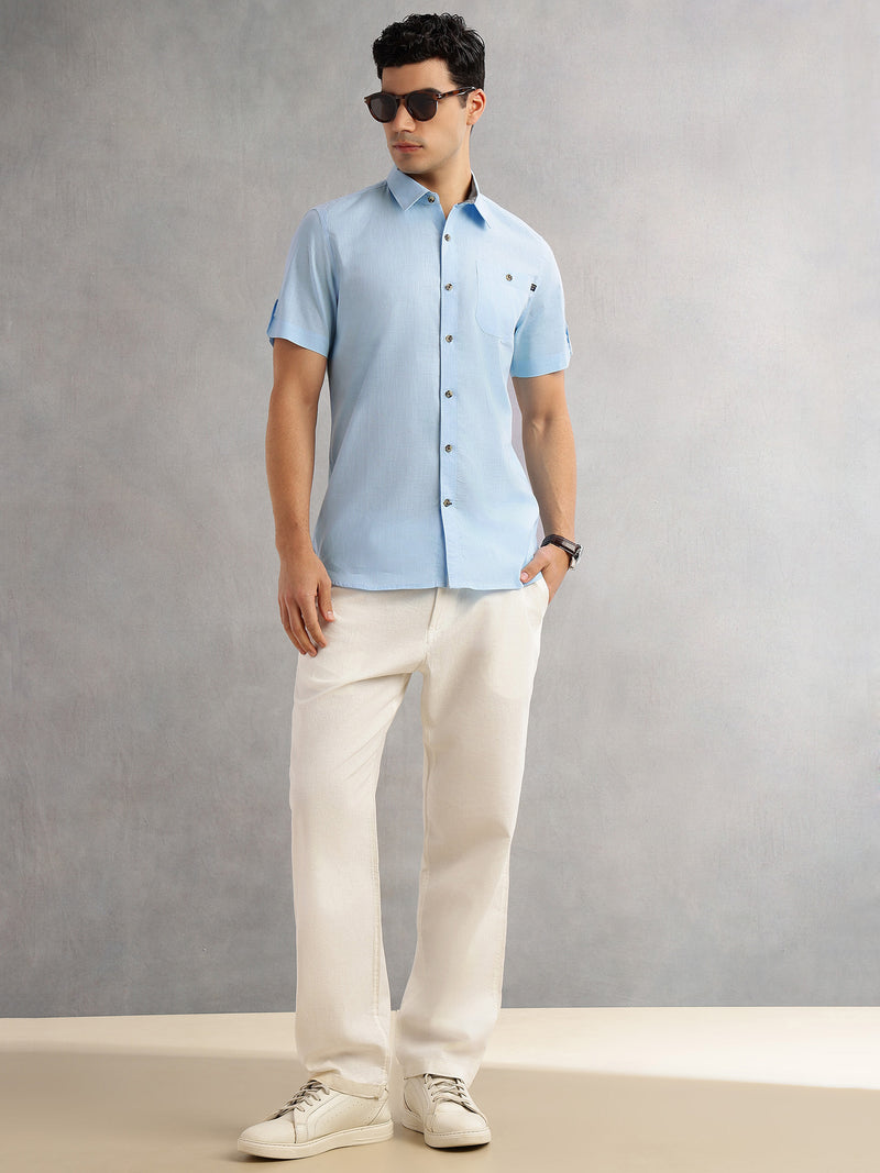Thomas Scott Men Blue Regular Fit Short Sleeves Spread Collar 100% Cotton Casual Shirt