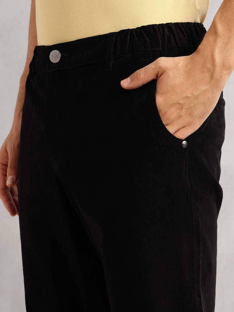 Thomas Scott Men Black Regular Fit Mid-Rise 4 Pockets Woven Corduroy Trouser