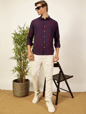 Thomas Scott Men Purple Slim Fit Long Sleeves Spread Collar Pinstripes Cotton Casual Shirt